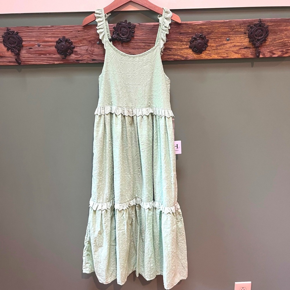 Haute Hippie Kids Style Girls Sage Green Floral Eyelet Tiered Maxi Dress Size 12